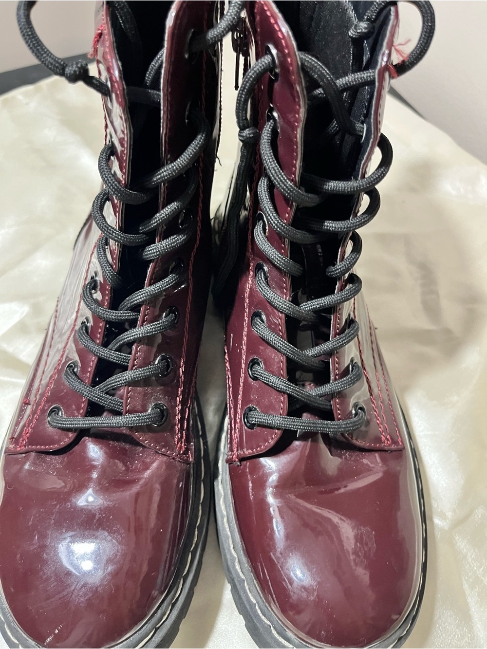 Sincerely Jules Women’s Glossy Burgundy Lace-Up Combat Boots - Picture 2 of 7